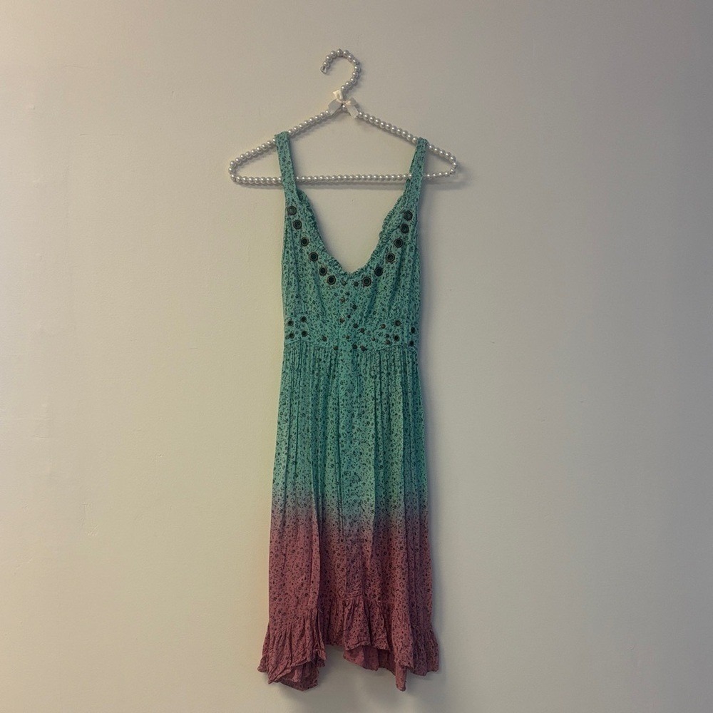 Elegant Ombre Mini Dress floral Sz med teal pink stuffed boho indie spring summ